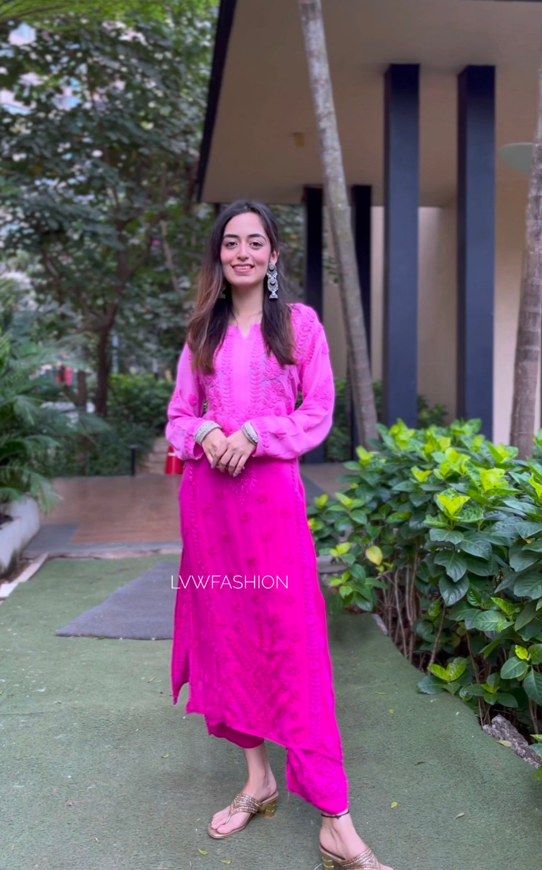 Beauty pink premium georgette set with intricate Chikankari embroidery, featuring kurta and dupatta from LVW Fashion.