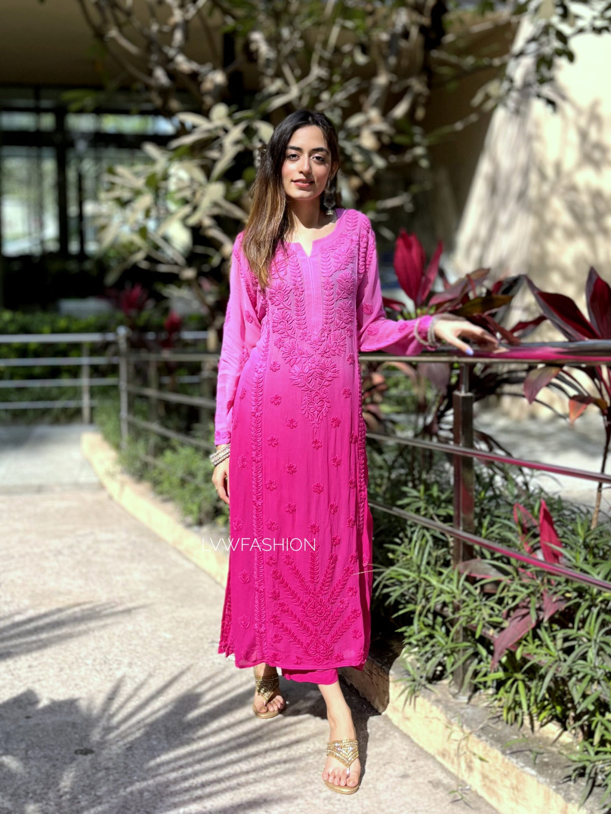 Beauty pink premium georgette set with luxurious chikankari embroidery, featuring kurta and dupatta by LVW Fashion Luxe