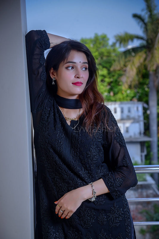 Black KAJAL Premium Georgette Chikankari Kurta Set by LVW Fashion, featuring intricate embroidery and matching dupatta.