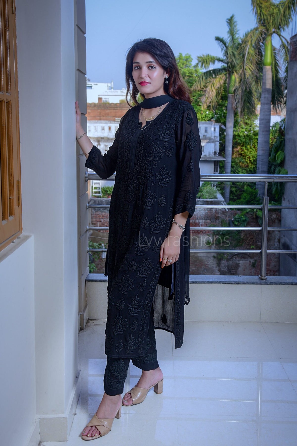 Black Georgette Kurta Set with intricate Chikankari embroidery by LVW Fashion, featuring a matching dupatta and a premium design.