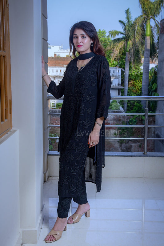 Black Georgette Kurta Set with intricate Chikankari embroidery by LVW Fashion, featuring a matching dupatta and a premium design.