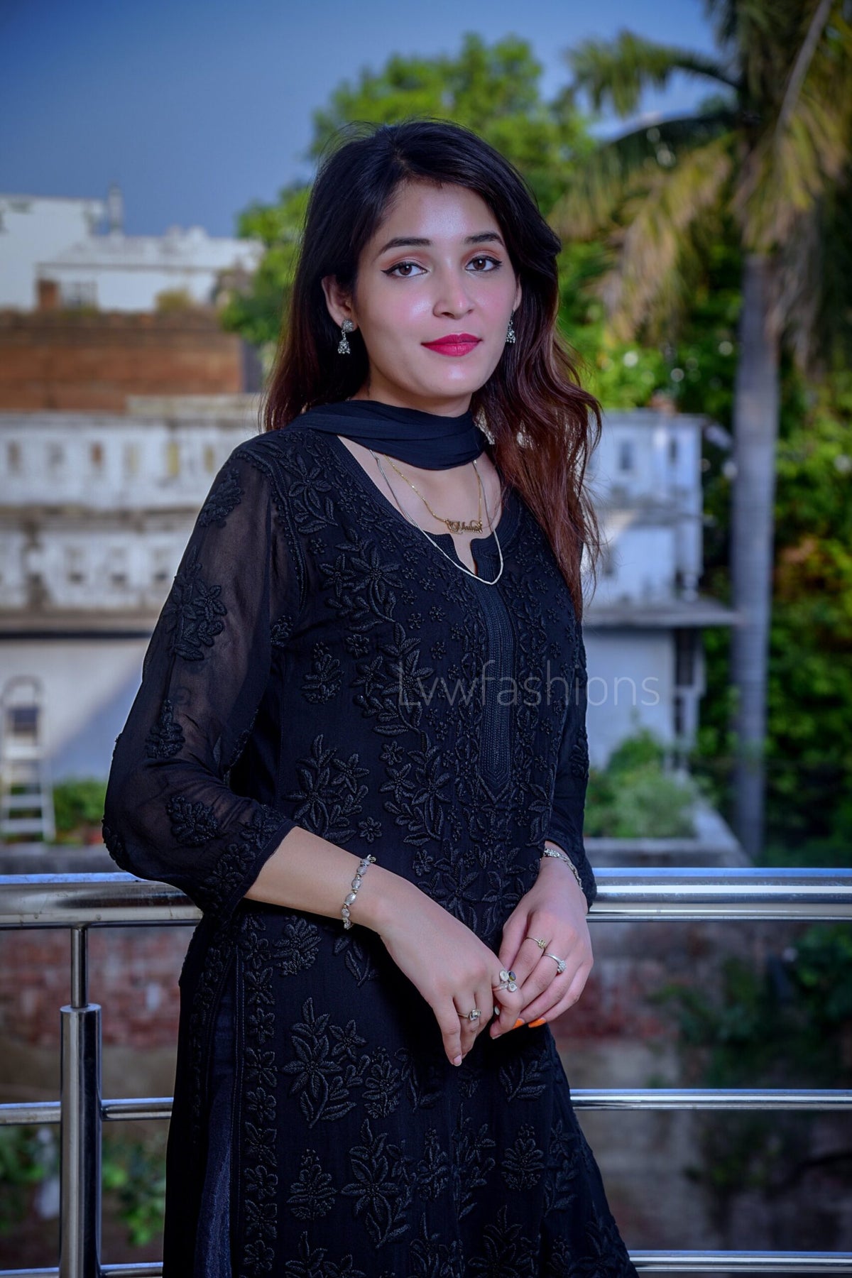 Black Georgette Chikankari Kurta Set with matching dupatta, premium KAJAL design from LVW Fashion Luxurious Chikankari collection.