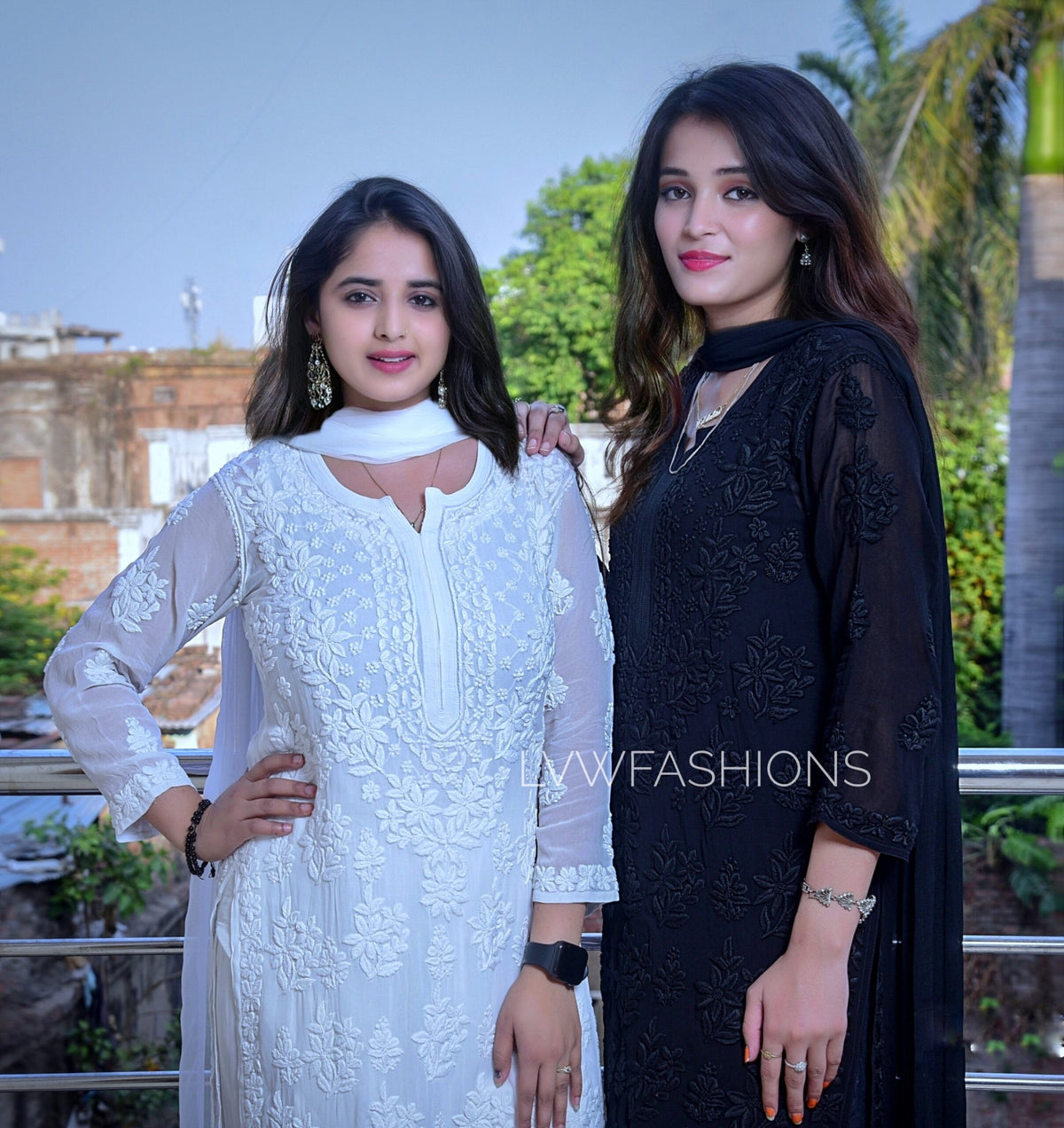 Black Georgette Kurta set with intricate Chikankari embroidery from LVW Fashion, includes matching dupatta and kurta for elegant traditional wear.
