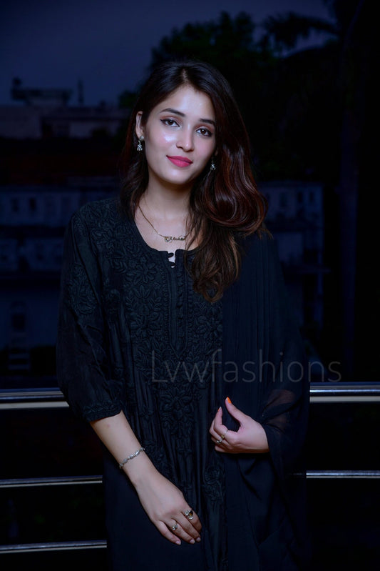 Black muslin kurta set with rose embroidery, LVW Fashion KAJAL soft Chikankari kurta and dupatta ensemble.
