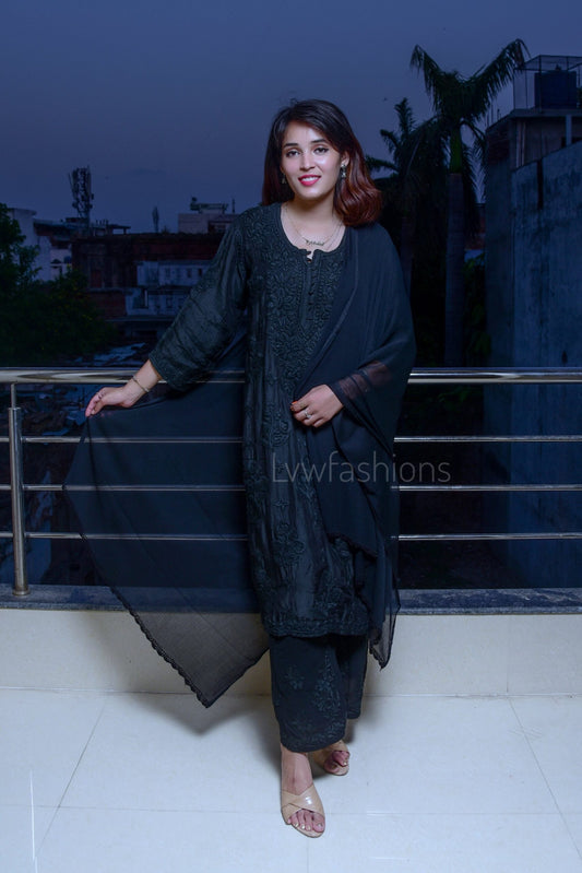 Soft black muslin kurta set with rose embroidery and dupatta, by LVW Fashion Luxurious Chikankari.