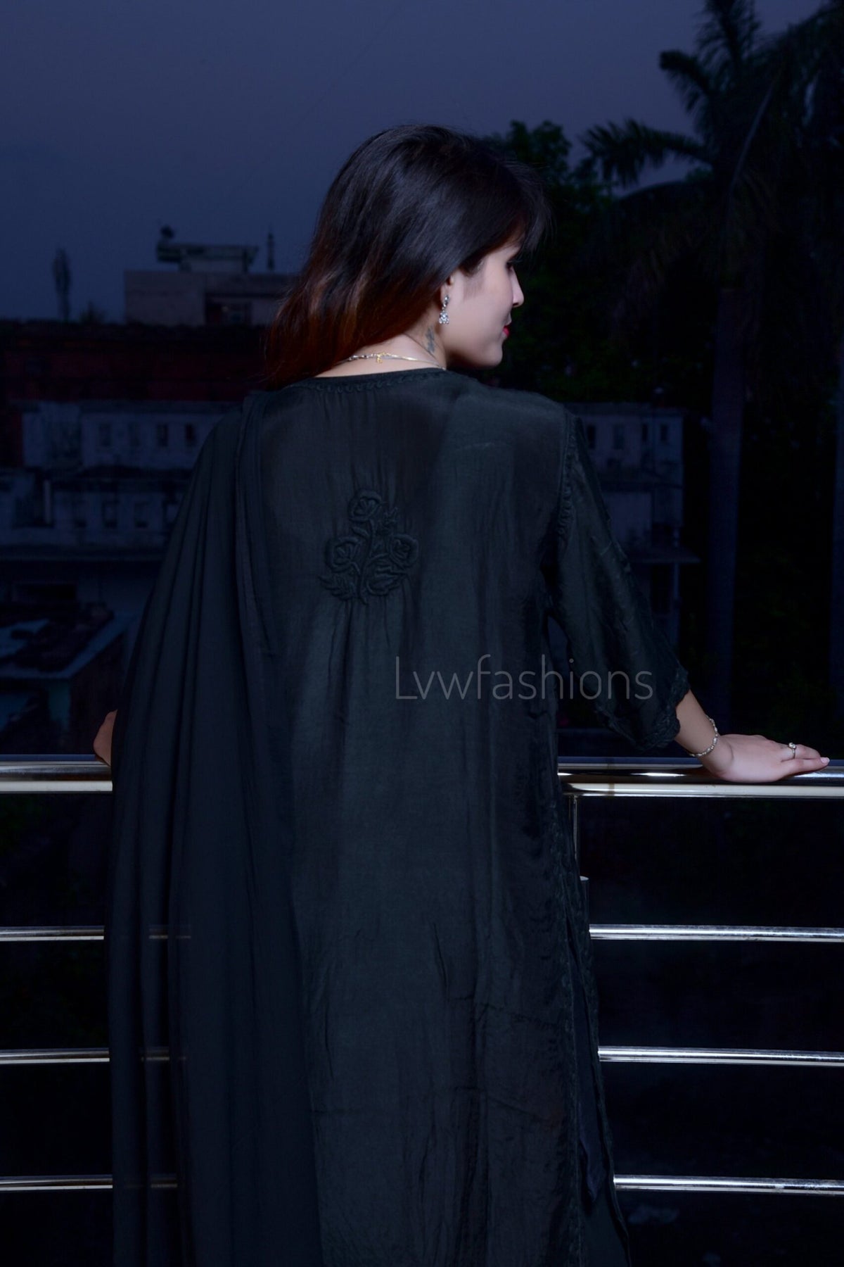 Black muslin kurta set with rose embroidery, LVW Fashion KAJAL soft chikankari kurta and dupatta ensemble.