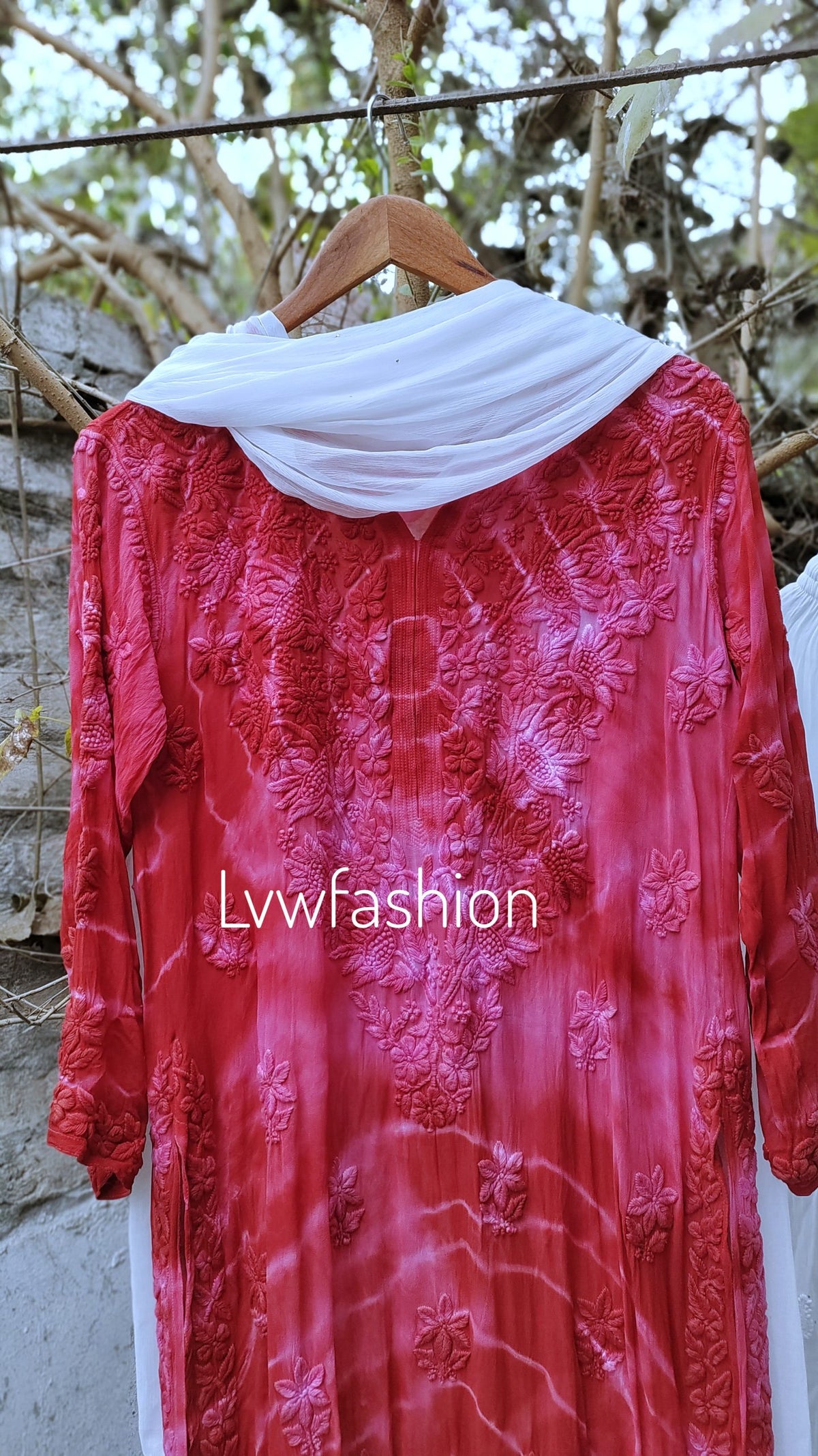 Luxurious Meer Tie Dye Kurta Gharara set by LVW Fashion, featuring a premium georgette fabric and intricate Chikankari embroidery.