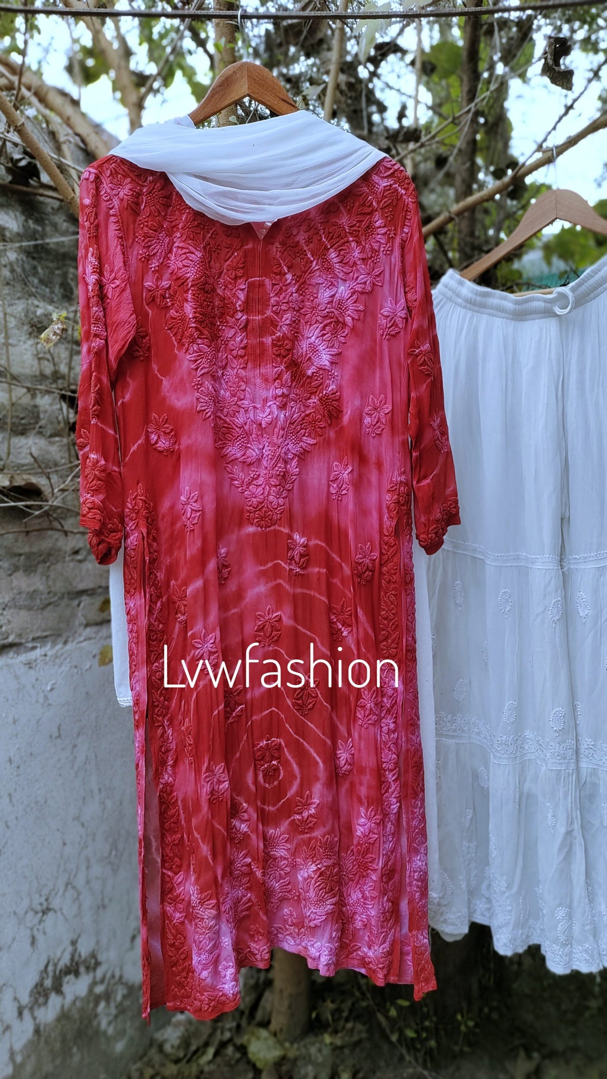 Meer Tie Dye Kurta Gharara Set by LVW Fashion featuring a premium georgette fabric, 3-piece luxurious Chikankari ensemble.