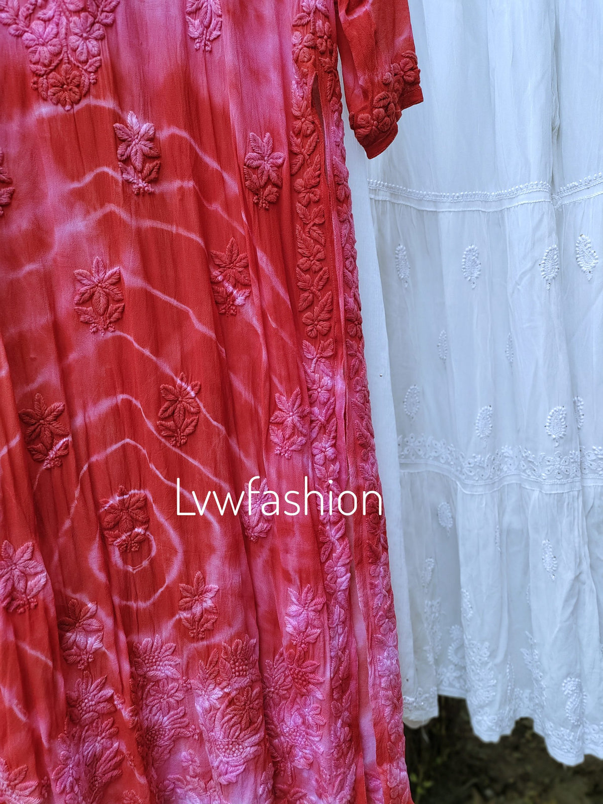 Elegant Meer Tie Dye Kurta Gharara set by LVW Fashion featuring premium georgette fabric and intricate Chikankari embroidery.