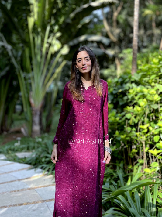 Mulberry Luxurious Gharara Set by LVW Fashion featuring a premium georgette fabric with intricate chikankari embroidery, includes kurta and dupatta.