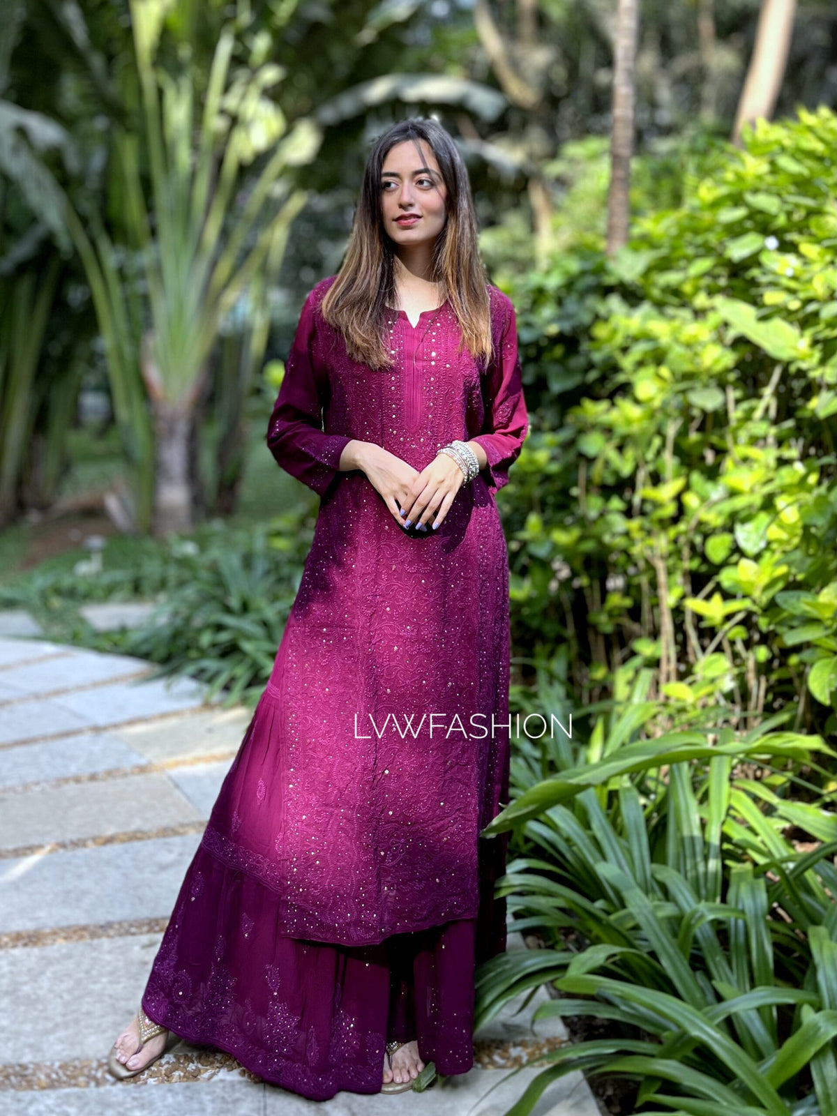Mulberry luxurious Gharara set by LVW Fashion in premium georgette with intricate Chikankari embroidery, includes kurta and dupatta.