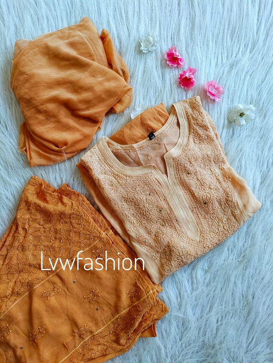 Premium Georgette Neck Booties Sharara Set by LVW Fashion, featuring intricate chikankari embroidery and elegant traditional design.