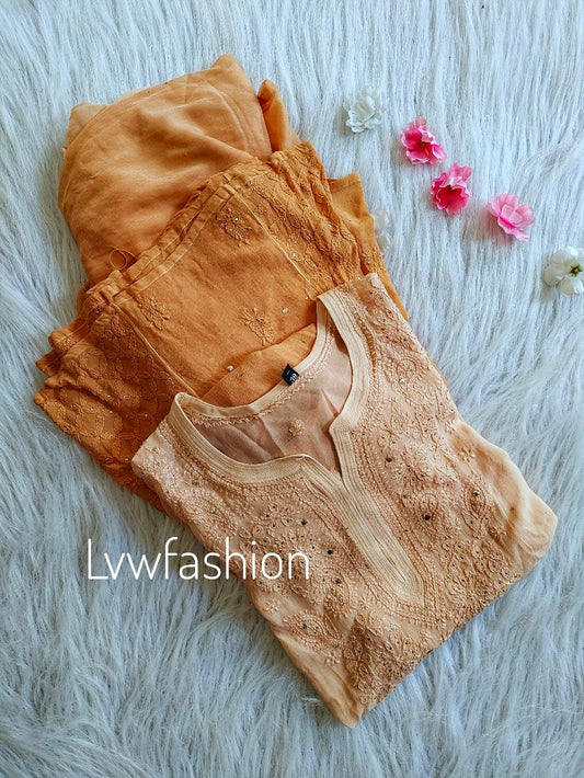 Premium Georgette Neck Booties Sharara Set by LVW Fashion, featuring intricate Chikankari embroidery and a stylish kurta with dupatta.
