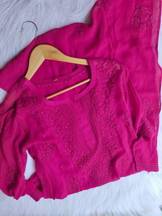 Tyrian pink Chikankari Kurti set with big booties and dupatta, featuring intricate embroidery from LVW Fashion Luxurious Chikankari.