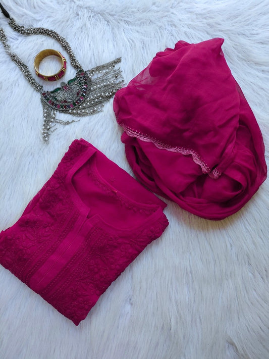 Tyrian pink Chikankari Kurti set with big booties, featuring intricate embroidery on both sides, by LVW Fashion Luxurious Chikankari.