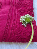 Tyrian pink Chikankari Kurti set with big booties, featuring intricate embroidery on both sides, by LVW Fashion Luxurious Chikankari.