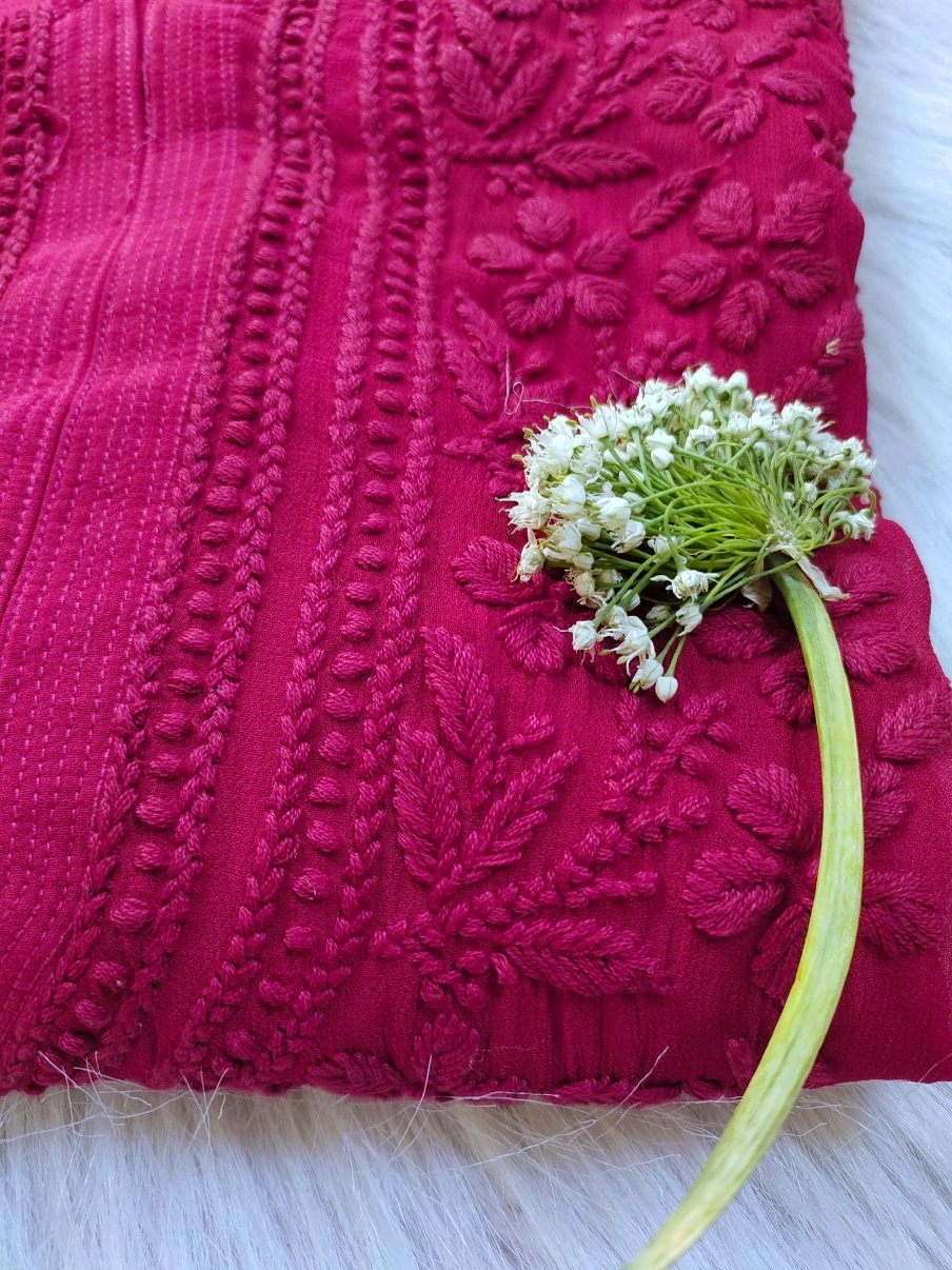 Tyrian pink Chikankari Kurti set with big booties, featuring intricate embroidery on both sides, by LVW Fashion Luxurious Chikankari.