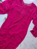 Tyrian pink Chikankari kurti set with big booties, featuring intricate embroidery on both sides, by LVW Fashion Luxurious Chikankari.