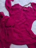 Tyrian pink Chikankari Kurti set with matching dupatta and big booties, featuring intricate embroidery from LVW Fashion Luxurious.