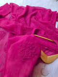 Tyrian pink Chikankari Kurti set with big booties, both sides embroidery, LVW Fashion luxurious traditional Indian ensemble.