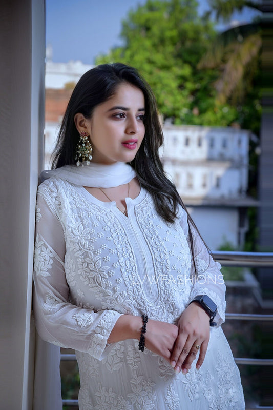 White georgette Kurta set with intricate Chikankari embroidery, includes matching dupatta, by LVW Fashion Luxurious Chikankari.
