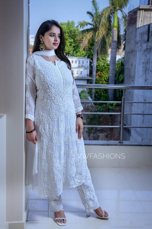 White georgette kurta set with intricate chikankari embroidery by LVW Fashion, includes matching dupatta, luxurious and elegant.