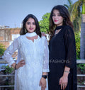White georgette kurta set with intricate chikankari embroidery and matching dupatta, by LVW Fashion Luxurious Chikankari.
