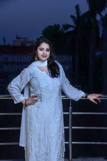 LVW Fashion UJALA white muslin Chikankari Kurti set with intricate embroidery, includes kurta and dupatta, soft and elegant fabric.