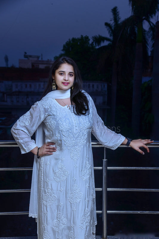 LVW Fashion UJALA white muslin Chikankari Kurti set with intricate embroidery, includes kurta and dupatta, soft and elegant fabric.