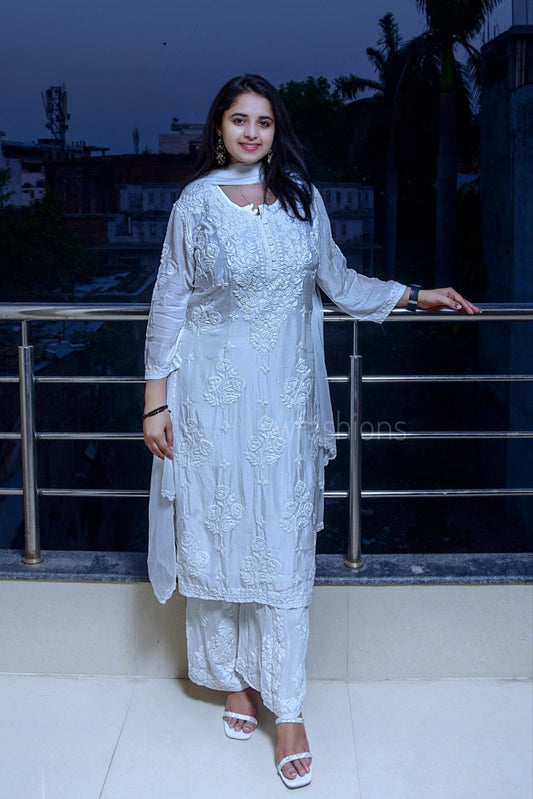 Elegant white Chikankari Kurti set by LVW Fashion in soft muslin with intricate embroidery, paired with matching dupatta.