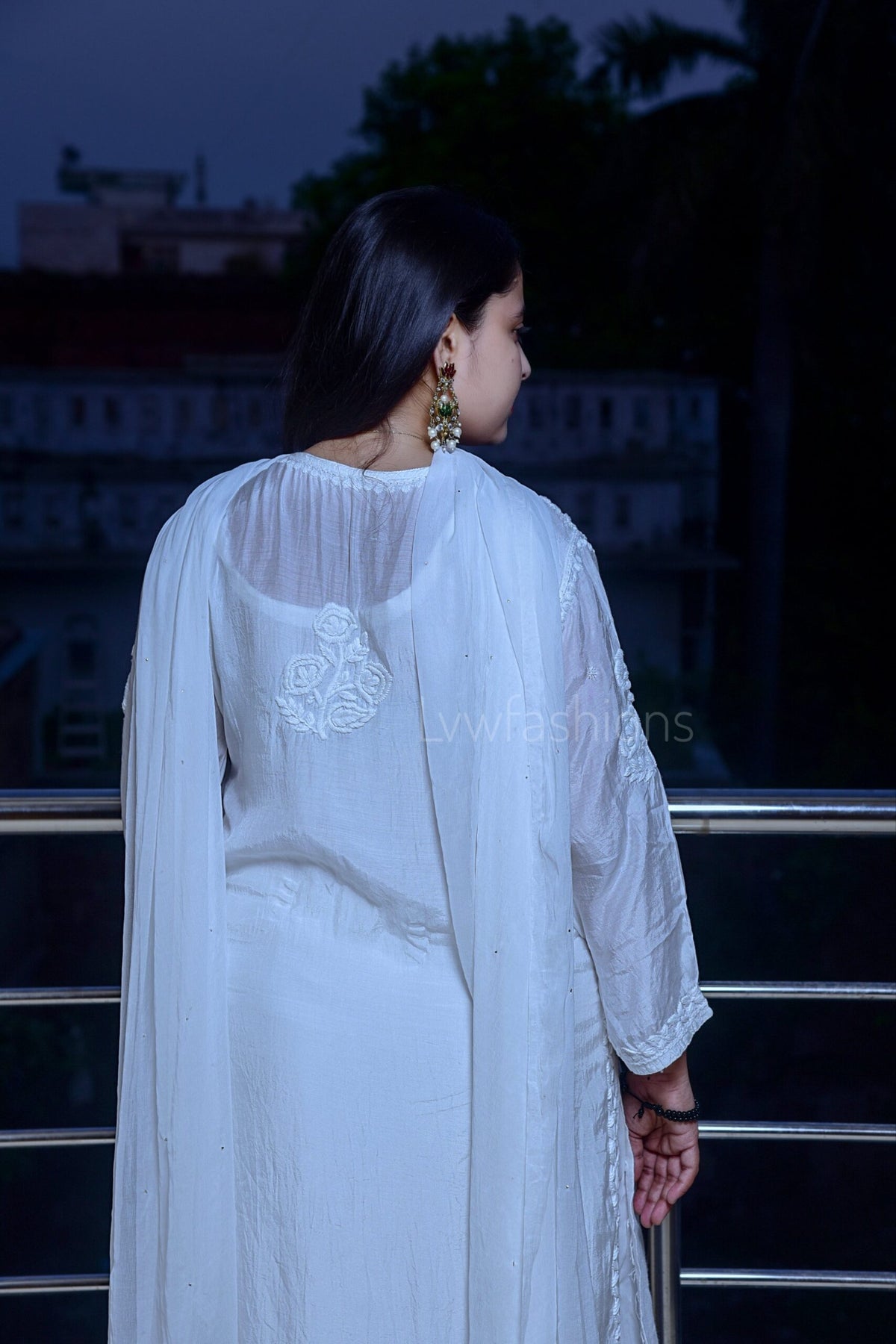 White muslin Chikankari Kurti set with matching dupatta from LVW Fashion, featuring intricate embroidery and soft fabric.