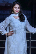 White soft muslin Chikankari Kurti set by LVW Fashion, featuring intricate embroidery and matching dupatta in traditional style.