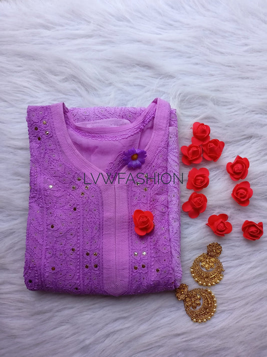 Lavender Plum premium georgette kurta with slip by LVW Fashion Luxurious Chikankari, showcasing intricate embroidery and elegant design.