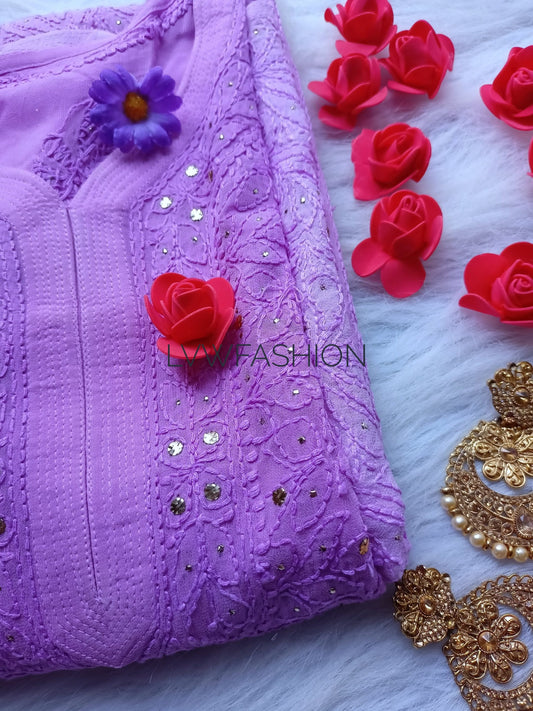 Lavender Plum premium georgette kurta with slip featuring intricate chikankari embroidery, by LVW Fashion Luxurious Chikankari.