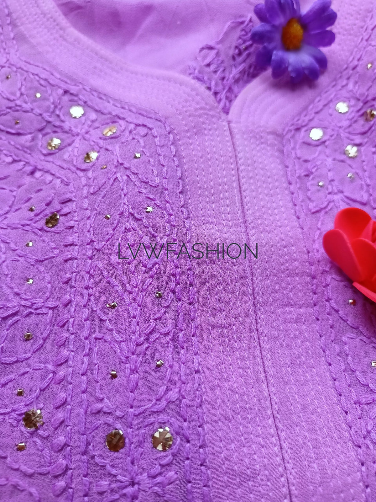 Lavender Plum premium georgette kurta with slip featuring intricate chikankari embroidery from LVW Fashion Luxurious Chikankari.