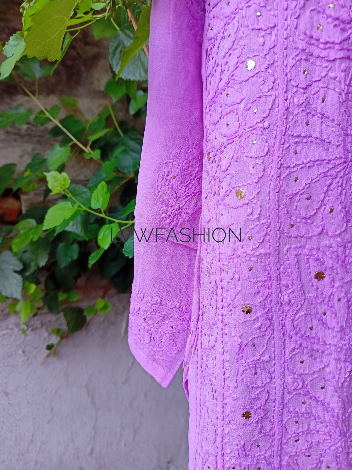 Lavender Plum premium georgette kurta with intricate chikankari embroidery and matching slip by LVW Fashion Luxurious.