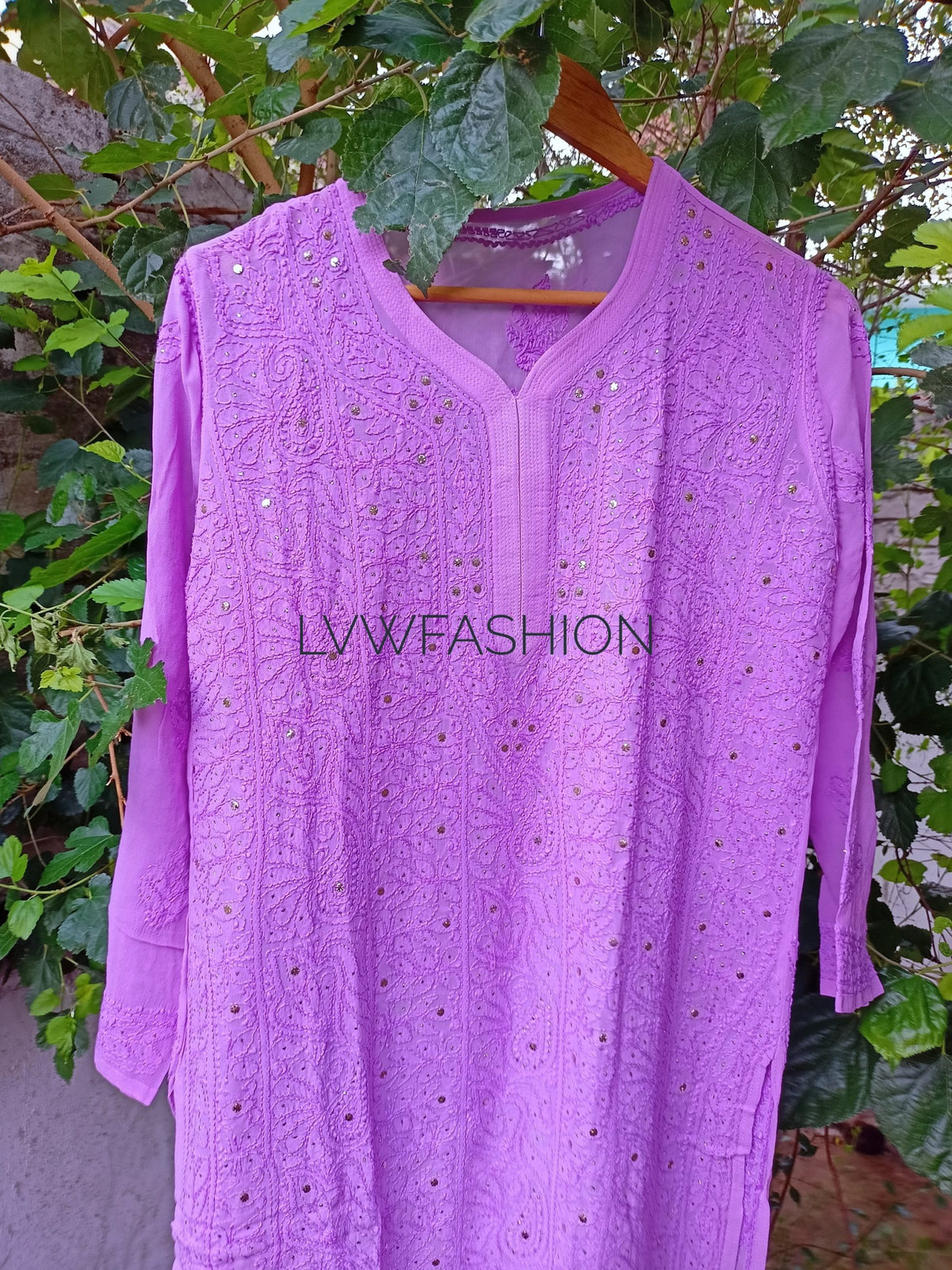 Lavender Plum Premium Georgette Kurta with Slip by LVW Fashion Luxurious Chikankari, showcasing intricate embroidery and elegant design.