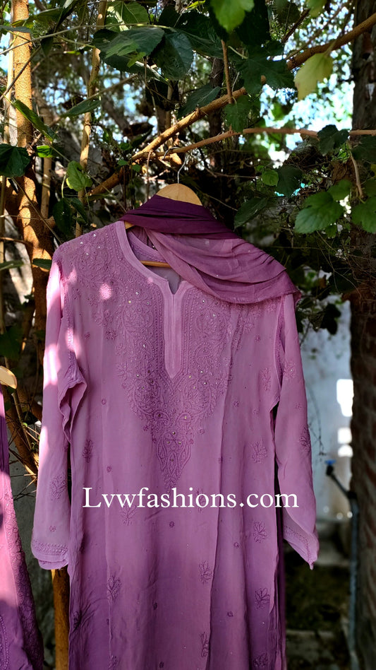 Lilac premium georgette Chikankari Kamdani add-on kurta with slip by LVW Fashion, showcasing intricate embroidery and elegant fabric.