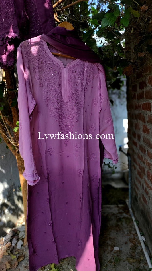 Lilac premium georgette Chikankari Kamdani add-on kurta with slip by LVW Fashion Luxurious Chikankari, detailed embroidery and lightweight fabric