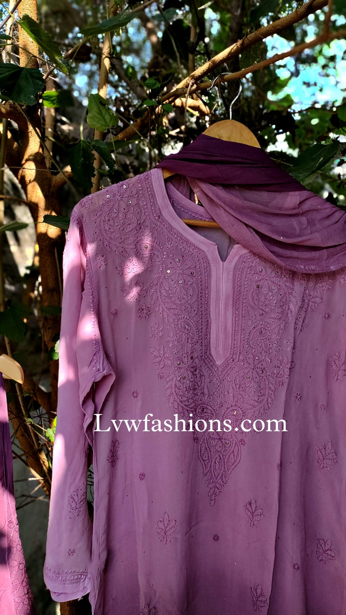 Lilac premium georgette Chikankari Kamdani add-on kurta with slip by LVW Fashion, showcasing intricate embroidery and elegant fabric.