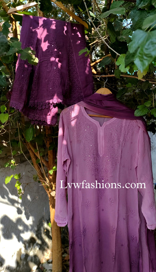 Lilac premium georgette 3-piece set with intricate Chikankari and Kamdani embroidery by LVW Fashion Luxurious Chikankari.