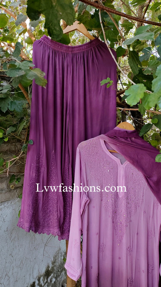 Lilac premium georgette 3-piece set with intricate chikankari and kamdani embroidery by LVW Fashion Luxurious Chikankari.