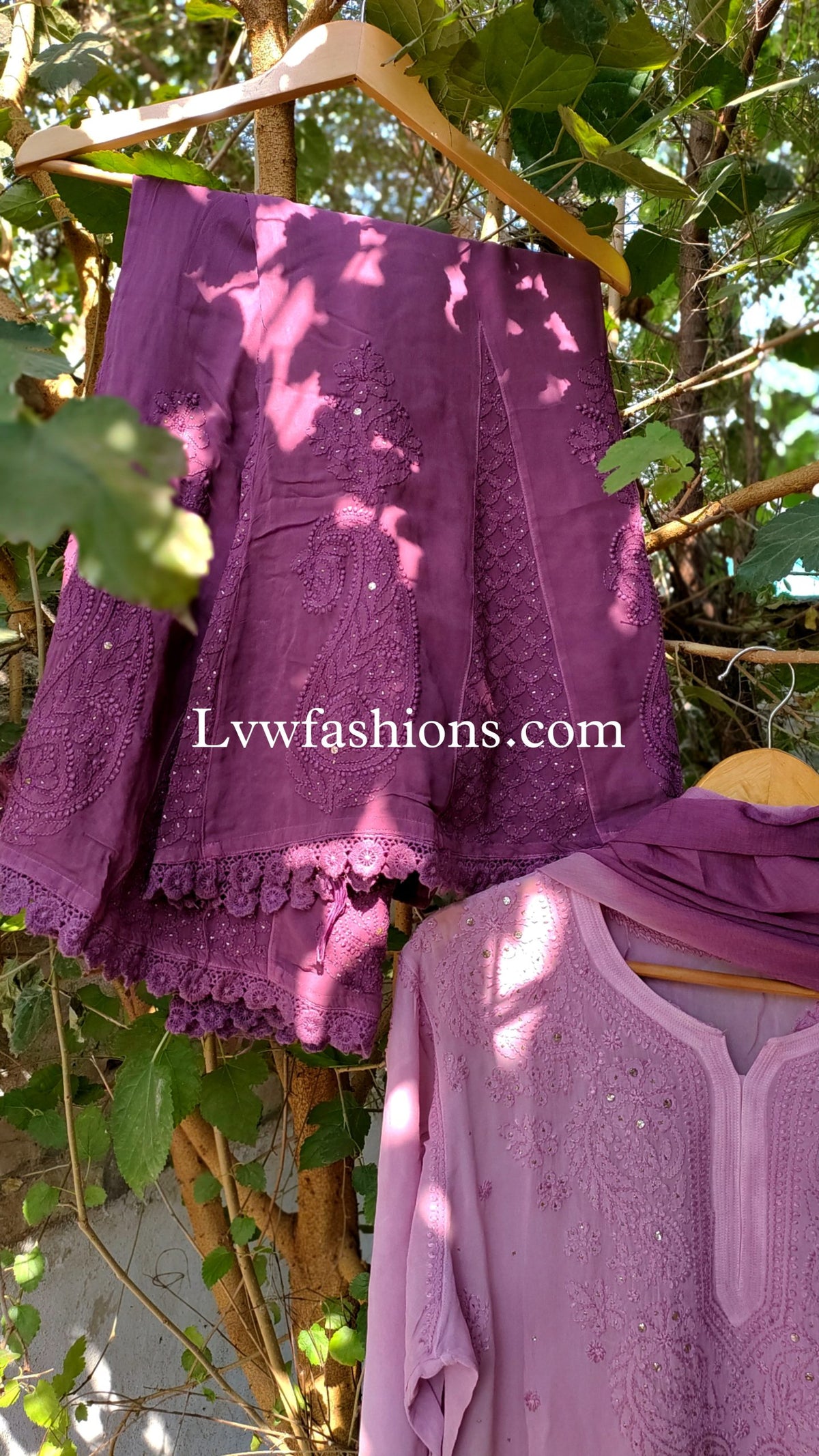 Lilac premium georgette 3-piece set with intricate chikankari and kamdani embroidery by LVW Fashion Luxurious Chikankari.