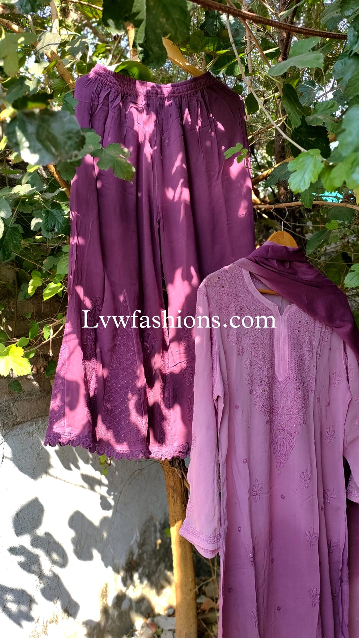 Lilac premium georgette 3-piece set with intricate chikankari and kamdani embroidery by LVW Fashion Luxurious Chikankari.