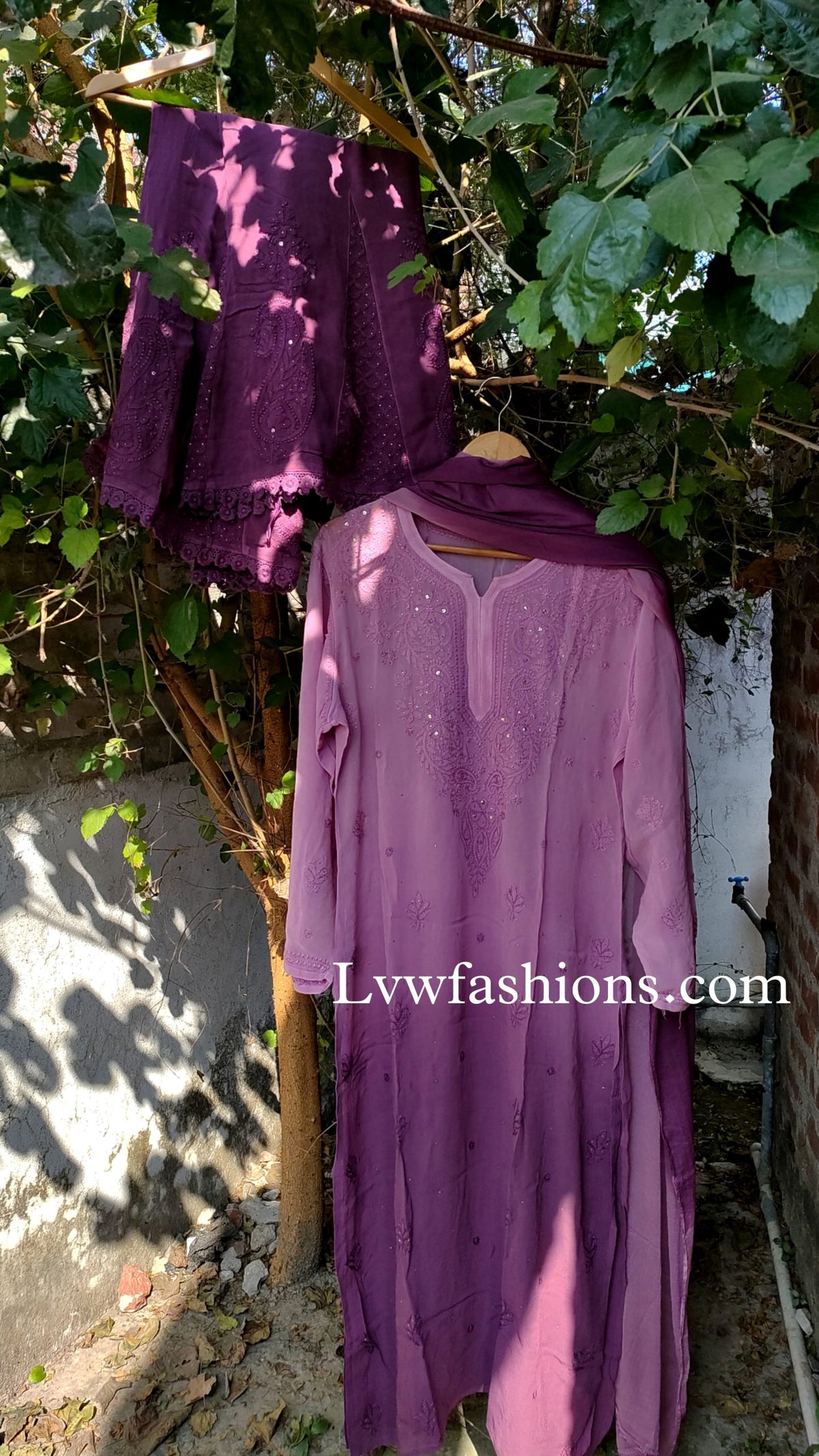 Lilac premium georgette chikankari and kamdani embroidery 3-piece set by LVW Fashion, featuring intricate hand-stitched details.