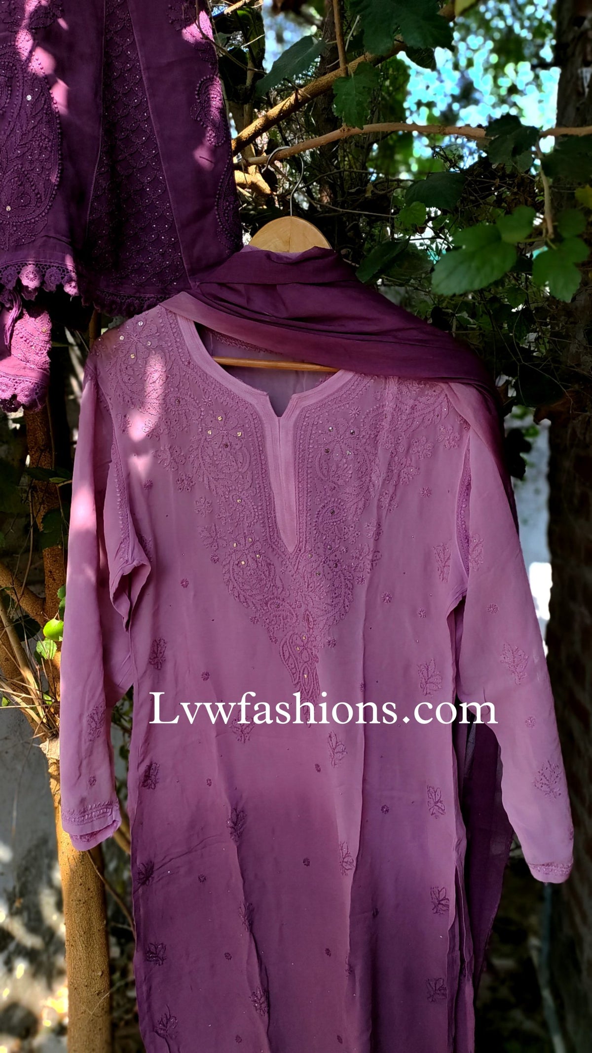 Lilac premium georgette 3-piece set with intricate chikankari and kamdani embroidery by LVW Fashion Luxurious Chikankari.