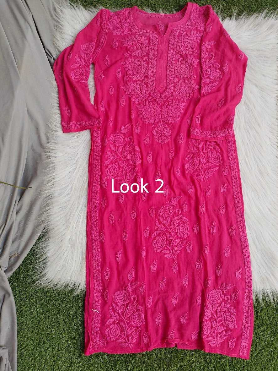 All Pinks premium georgette long kurta with silk slip, by LVW Fashion Luxurious Chikankari, showcasing intricate embroidery and elegant design.