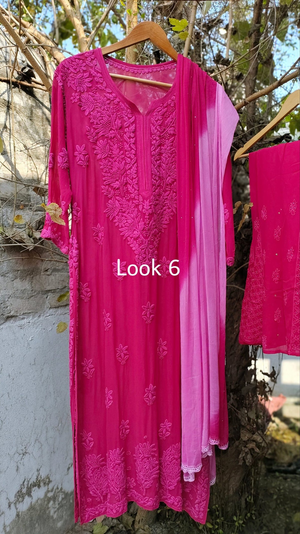 All Pinks premium georgette long kurta with silk slip from LVW Fashion Luxurious Chikankari, featuring intricate embroidery and elegant design.