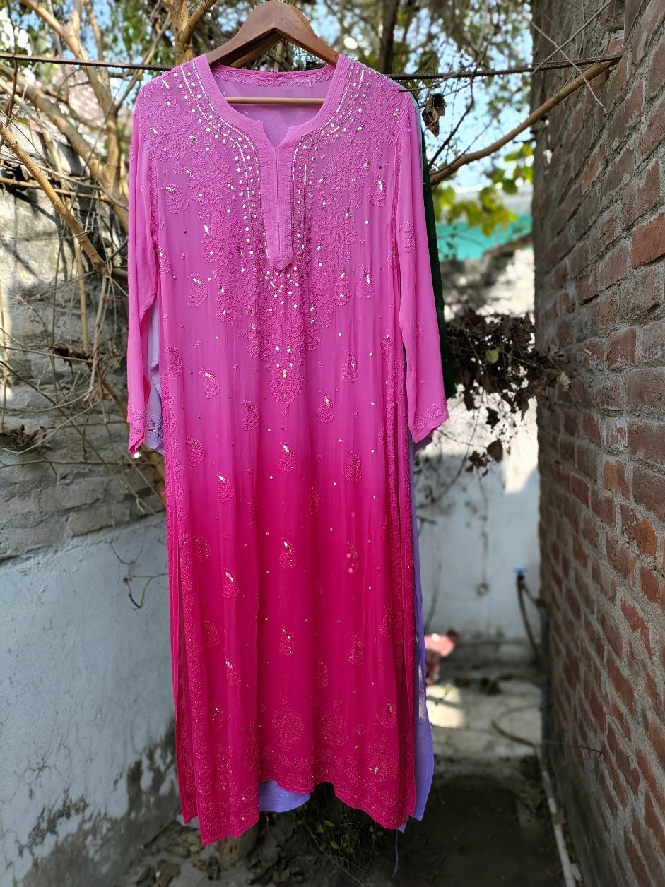 All Pinks luxurious Georgette long kurta with silk slip from LVW Fashion Luxurious Chikankari, featuring intricate embroidery.