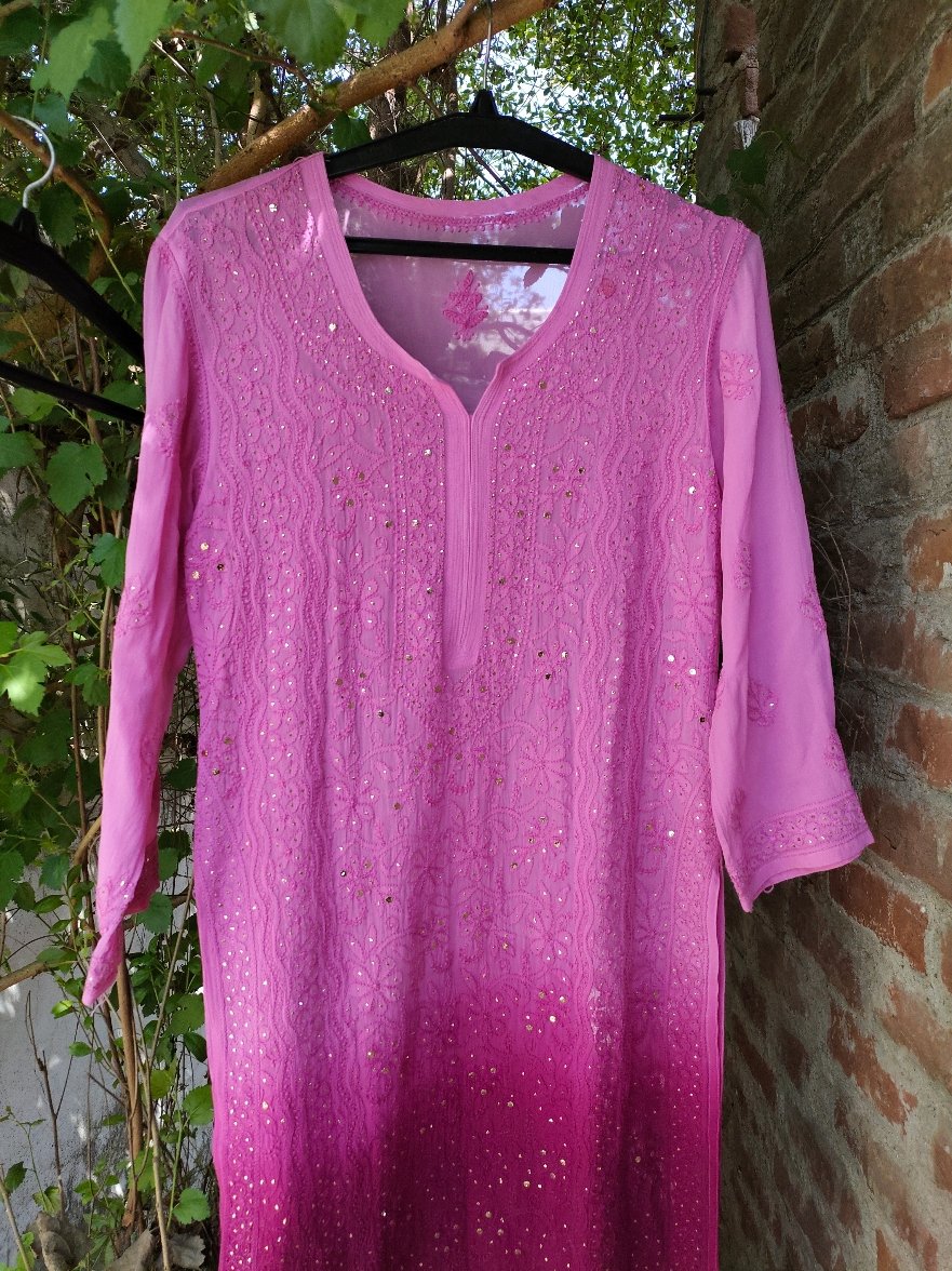All Pink LVW Fashion luxurious Chikankari long kurta in premium georgette with silk slip, showcasing intricate embroidery and elegant design.